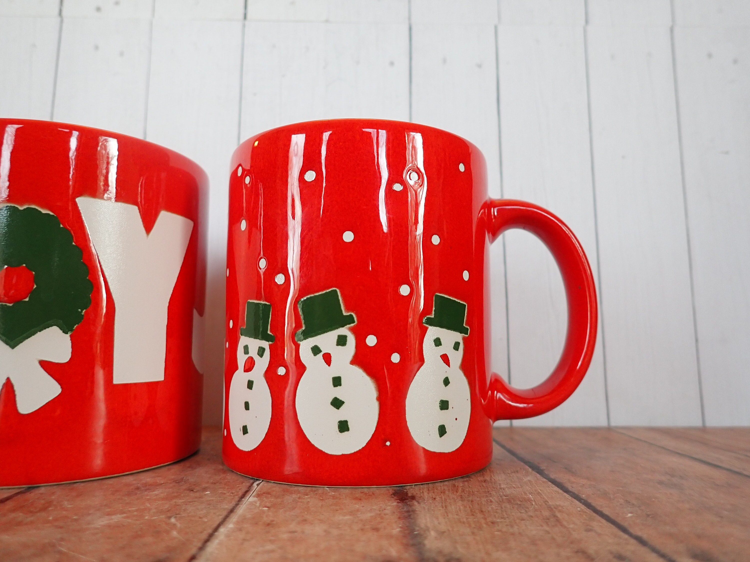 Vintage WAECHERSBACH Christmas Mug Set of 2 Red Green White Snowman and