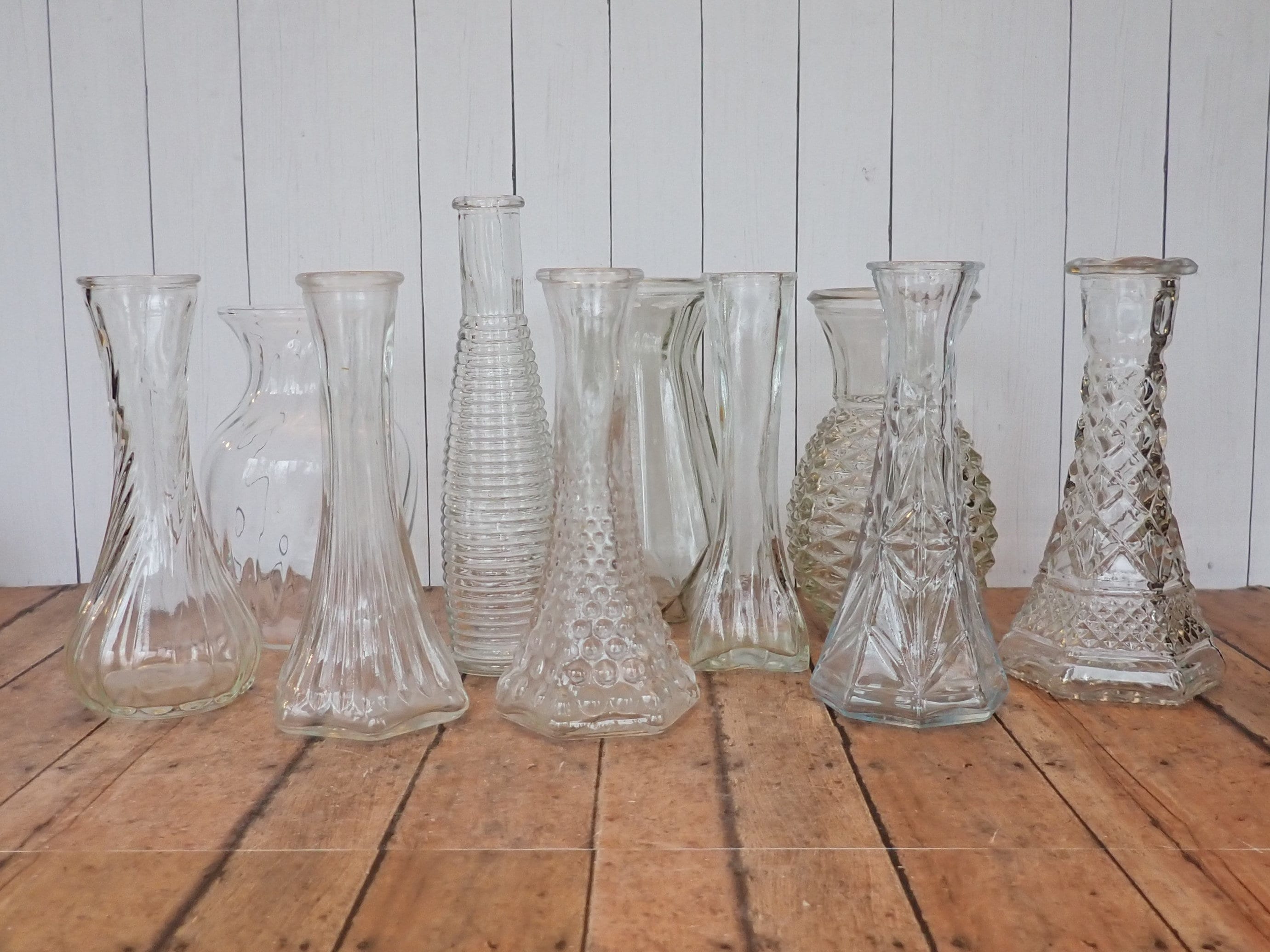 Vintage Clear Glass Bud Vase Set of 10 Vases All Different Patterns