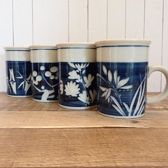 Vintage Ceramic Mug Set of 4 Blue and White Etched Leaf Flower Leaves Design Handmade Floral Pottery Mugs