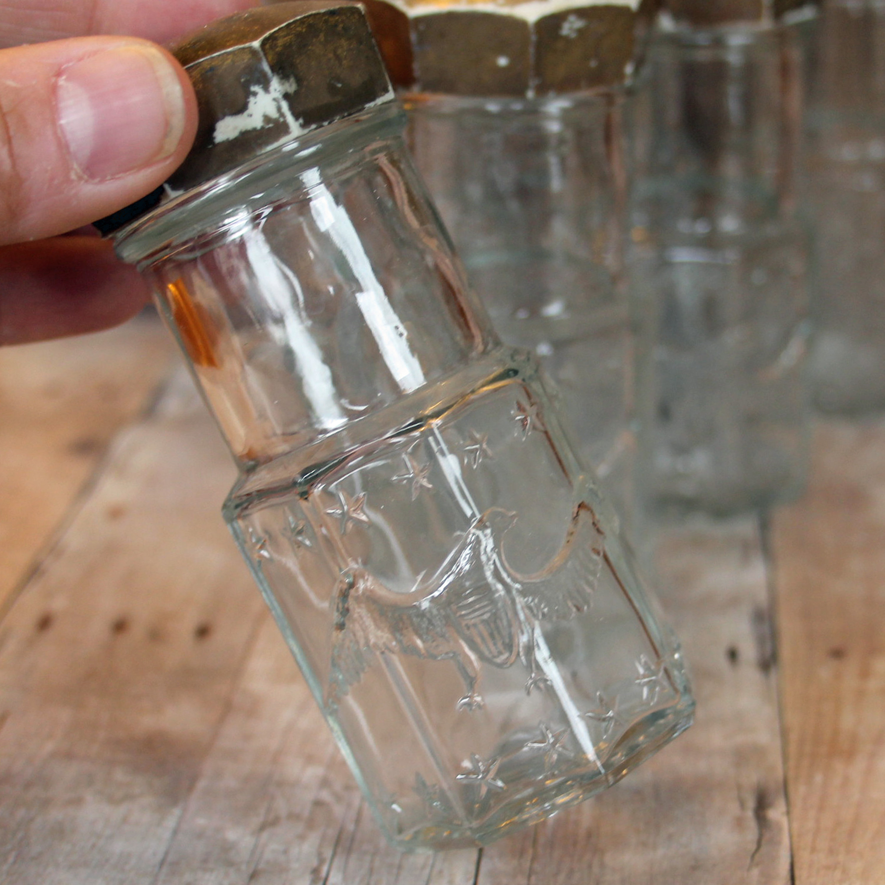 Vintage Clear Glass Spice Jars with Eagle Design Set of 7 Leipzig and