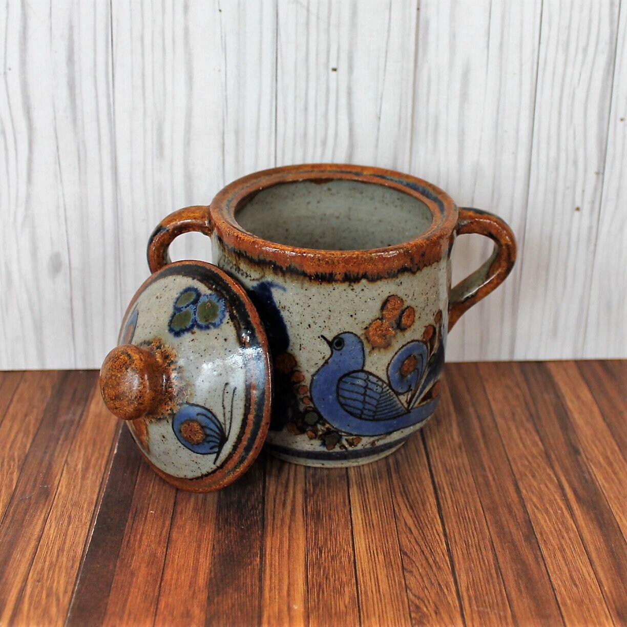 Vintage Tonala Pottery Sugar Bowl Dish with Lid Double Handle Blue Bird