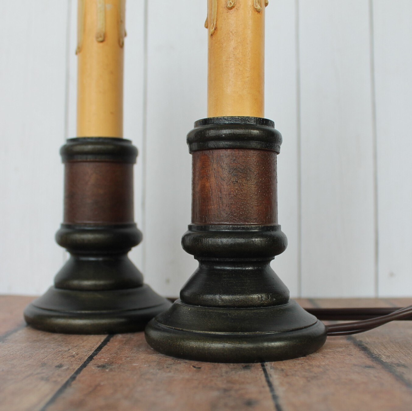 Vintage Electric Candlestick Lamp with Wooden Spool Base Americana Folk Art