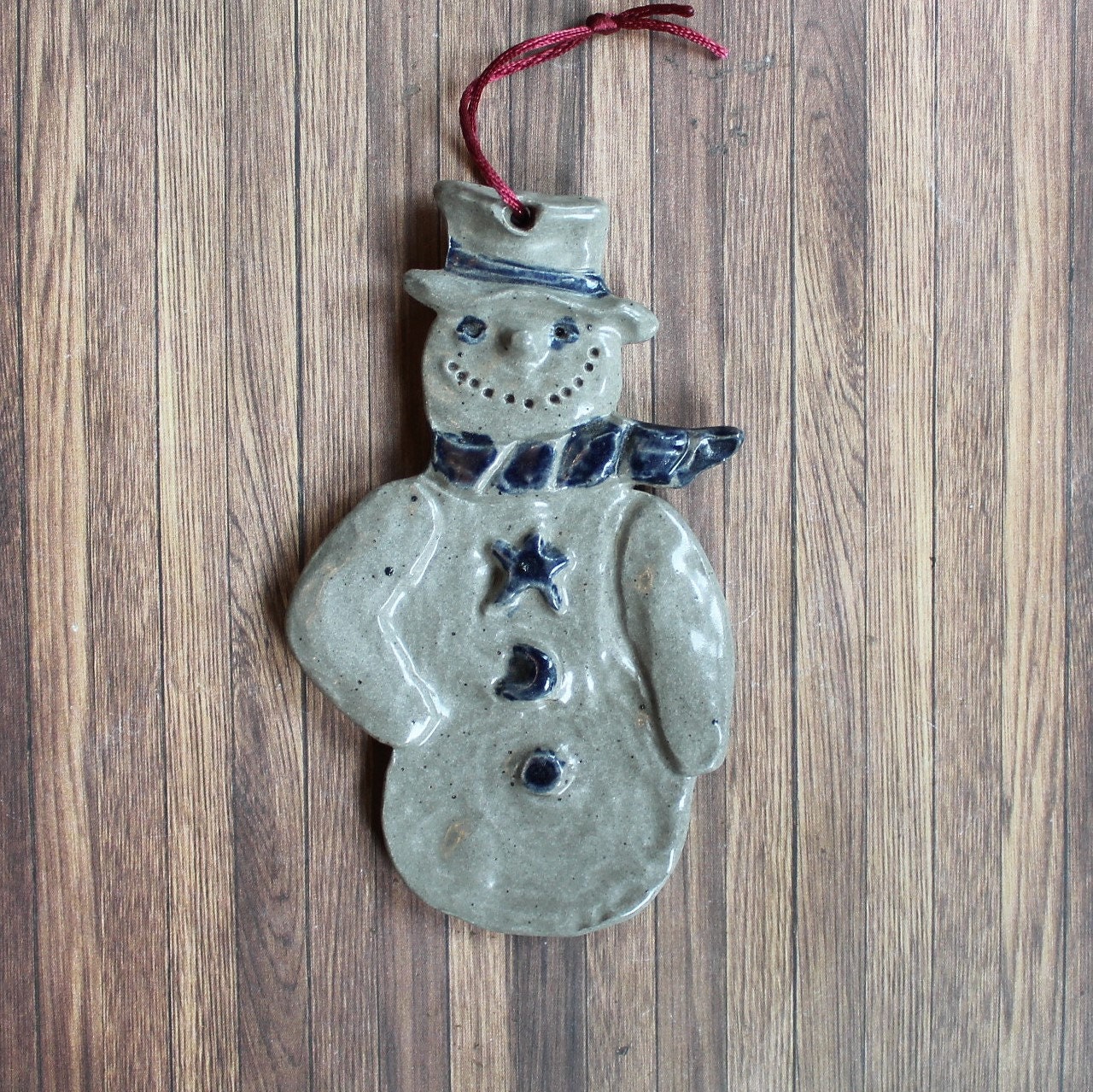 Vintage Rowe Pottery Works Christmas Ornament Stoneware Snowman RPW