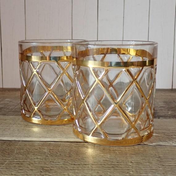 Vintage Joseph Altuzarra Old Fashioned Glasses Set of 2 Clear Lowball Glass with Gold Diamond Design