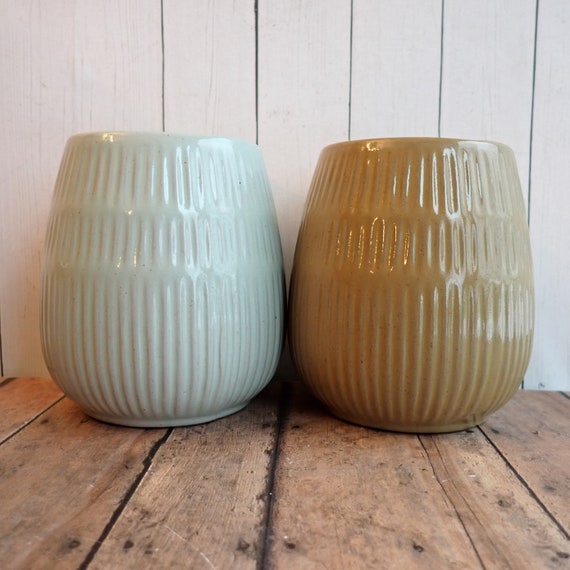 Vintage Stoneware Vase Set of 2 Vases Tan and Blue Matching Ribbed Vases Boho Decor Mismatched Vase Set