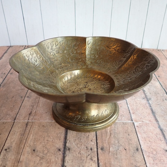 Vintage Etched Brass Bowl Footed Pedestal Bowl Flower Shaped with Leaf and Flower Design