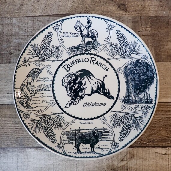 Vintage Buffalo Ranch Oklahoma Dells Souvenir Plate Blue and White with Scenes and Pinecones