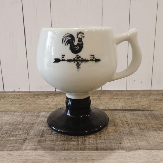 Vintage Caribe White and Black Pedestal Mug Irish Coffee Cup Footed with Rooster and Weathervane Design Made in Puerto Rico