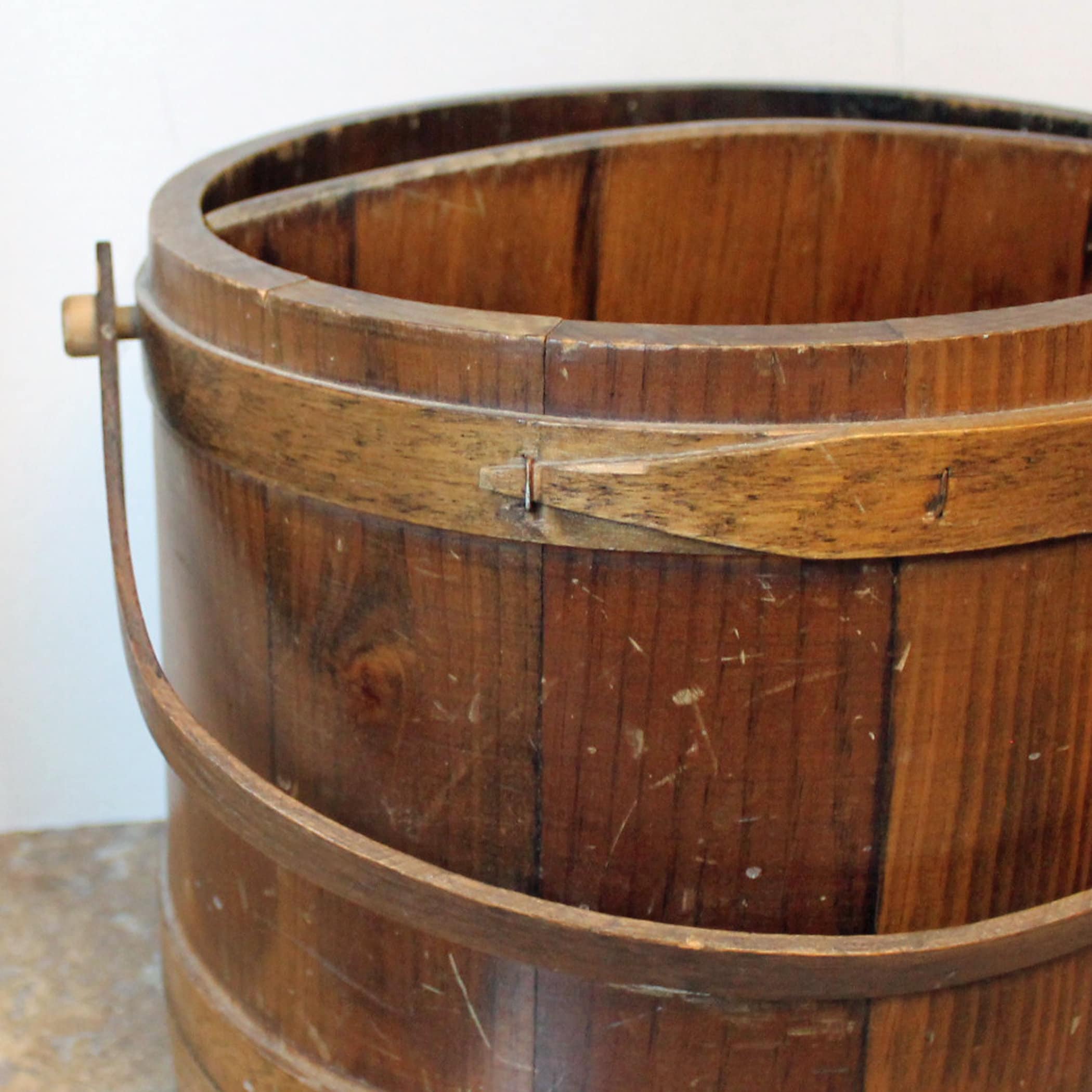 Vintage Wooden Bucket with Handle Shaker Style Firkin Brown Wood Sugar