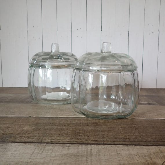 Vintage Clear  Glass Pumpkin Dish Jar Bowl with Lid Set of 2 Matching Candy Canisters Halloween Thanksgiving Decor
