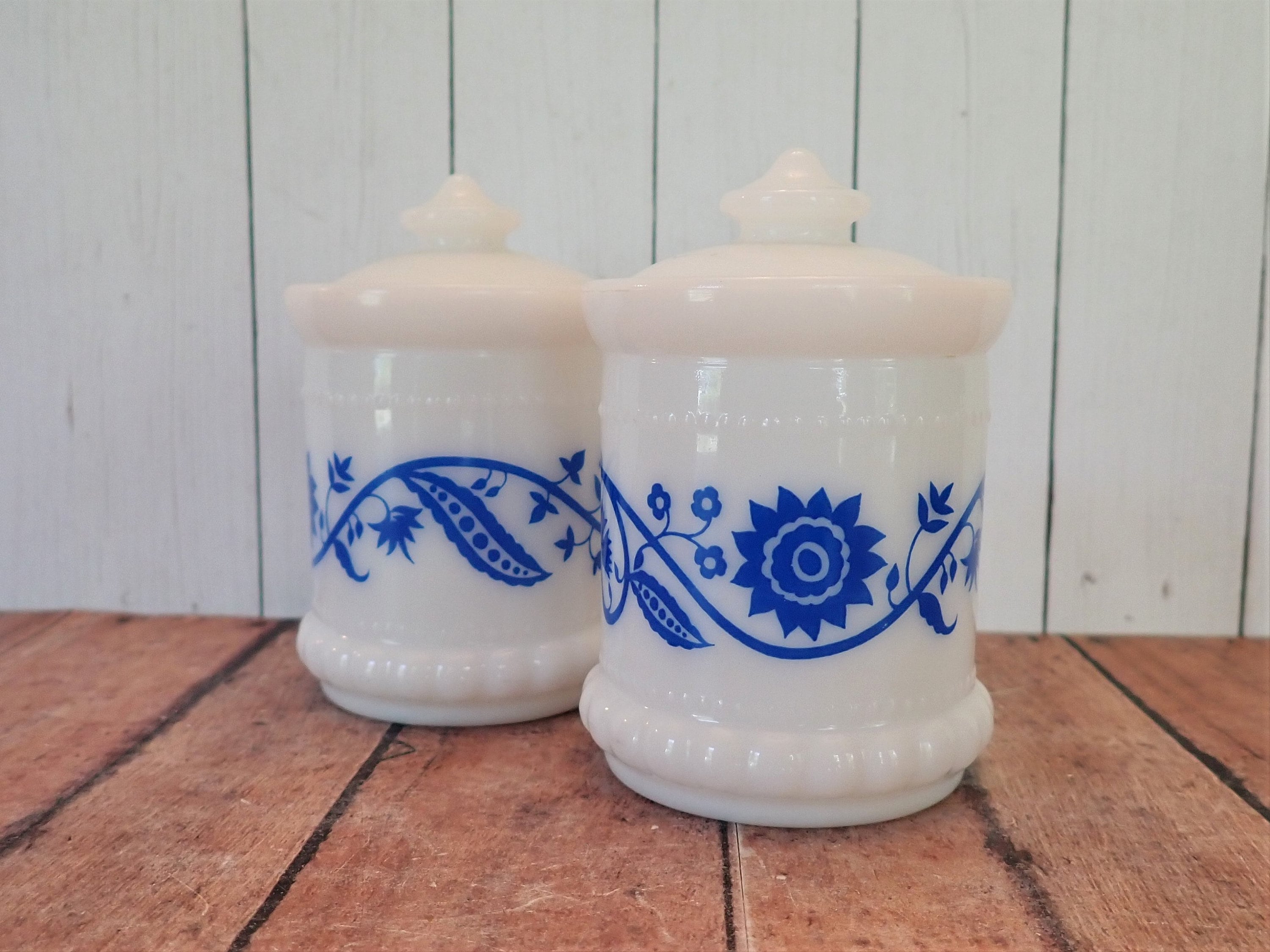 Vintage Hazel Atlas Milk Glass Condiment Spice Jar with Lid Set of 2
