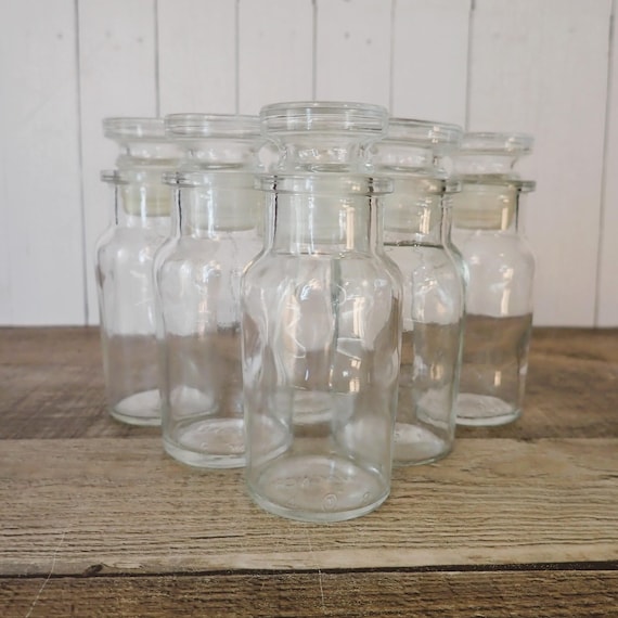 Vintage Wagner Set of 6 Clear Glass Apothecary or Spice Jars Bottles with Stoppers Pharmacy Chemist Bottle Jar Collection