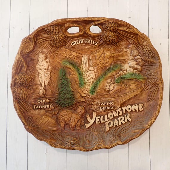 Vintage Yellowstone National Park Faux Wood Souvenir Wall Plate Tray Bowl by TACO Wyoming Travel