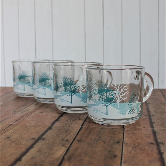 Vintage Anchor Hocking Glass Mug Set of 4 or Set of 8 Clear with Blue Tree Winter Wonderland Scene Trees Snow Holiday Christmas Mugs