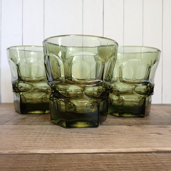 Vintage Fostoria ARGUS GREEN Old Fashioned Glass Set of 3 Olive Green Circle and Oval Design Pressed Glass