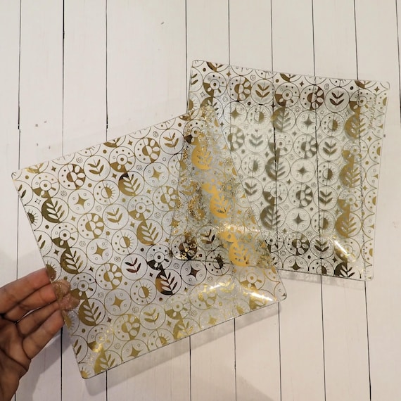Vintage Georges Briard FORBIDDEN FRUIT Square Plate Set of 2 Clear with Gold Star and Leaf Design