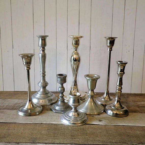 Vintage Silver Metal Pewter Candlestick Set of 8 Mismatched Mix and Match Medium Size Wedding Candle Stick Holders