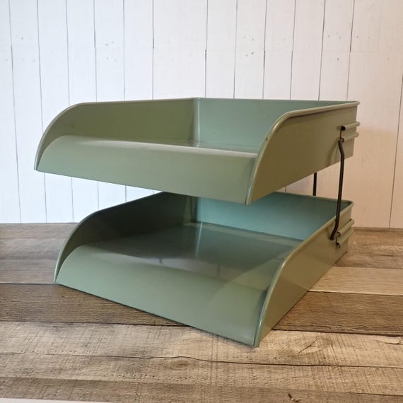 Vintage Globe Warnicke Green Metal 2 Tier Paper Tray Sorter Office Desk Storage