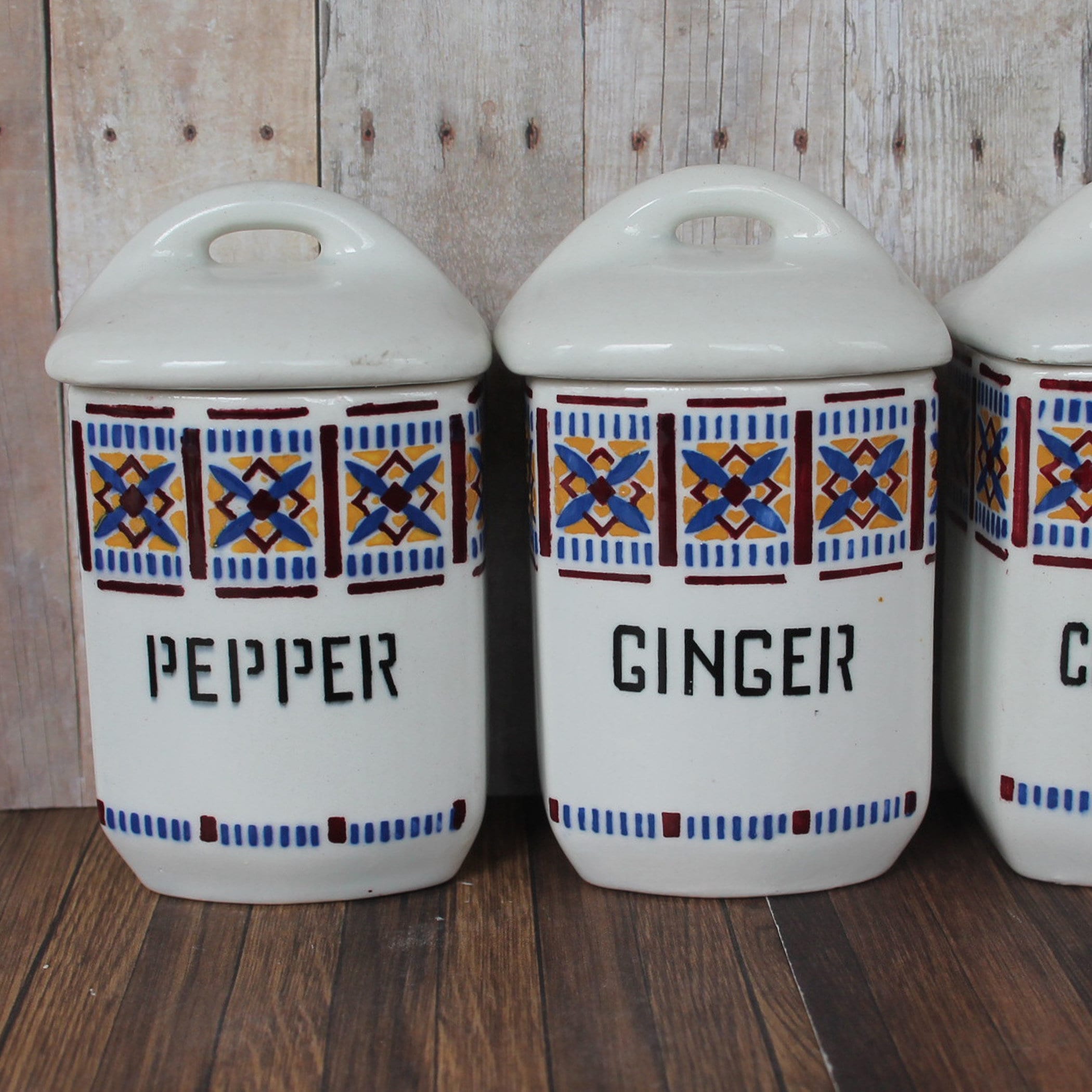 Antique Ceramic Spice Jars with Lids Set of 4 White Blue Nutmeg