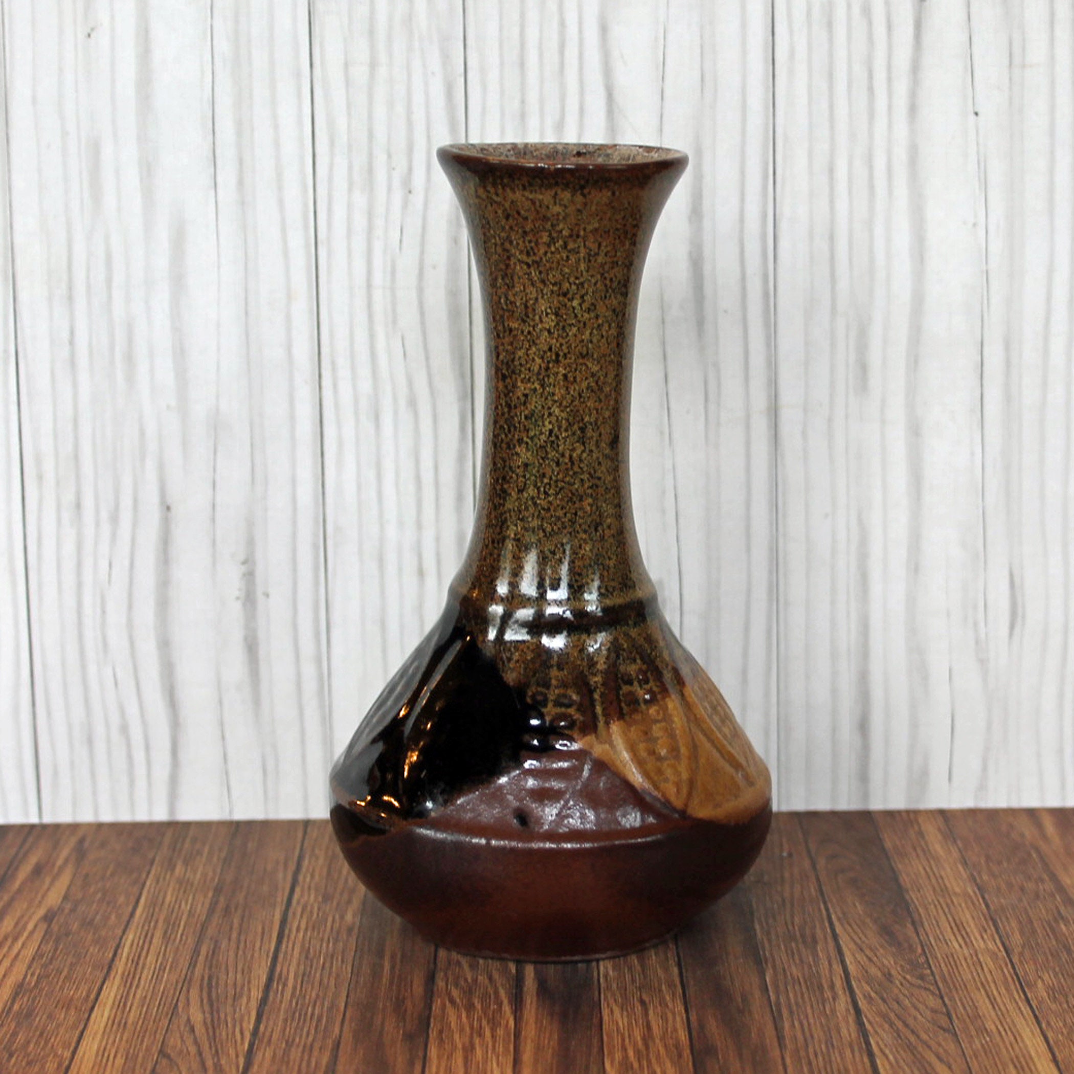 Vintage Pottery Craft USA Stoneware Vase Set of 3 Black Green Tan Leaf