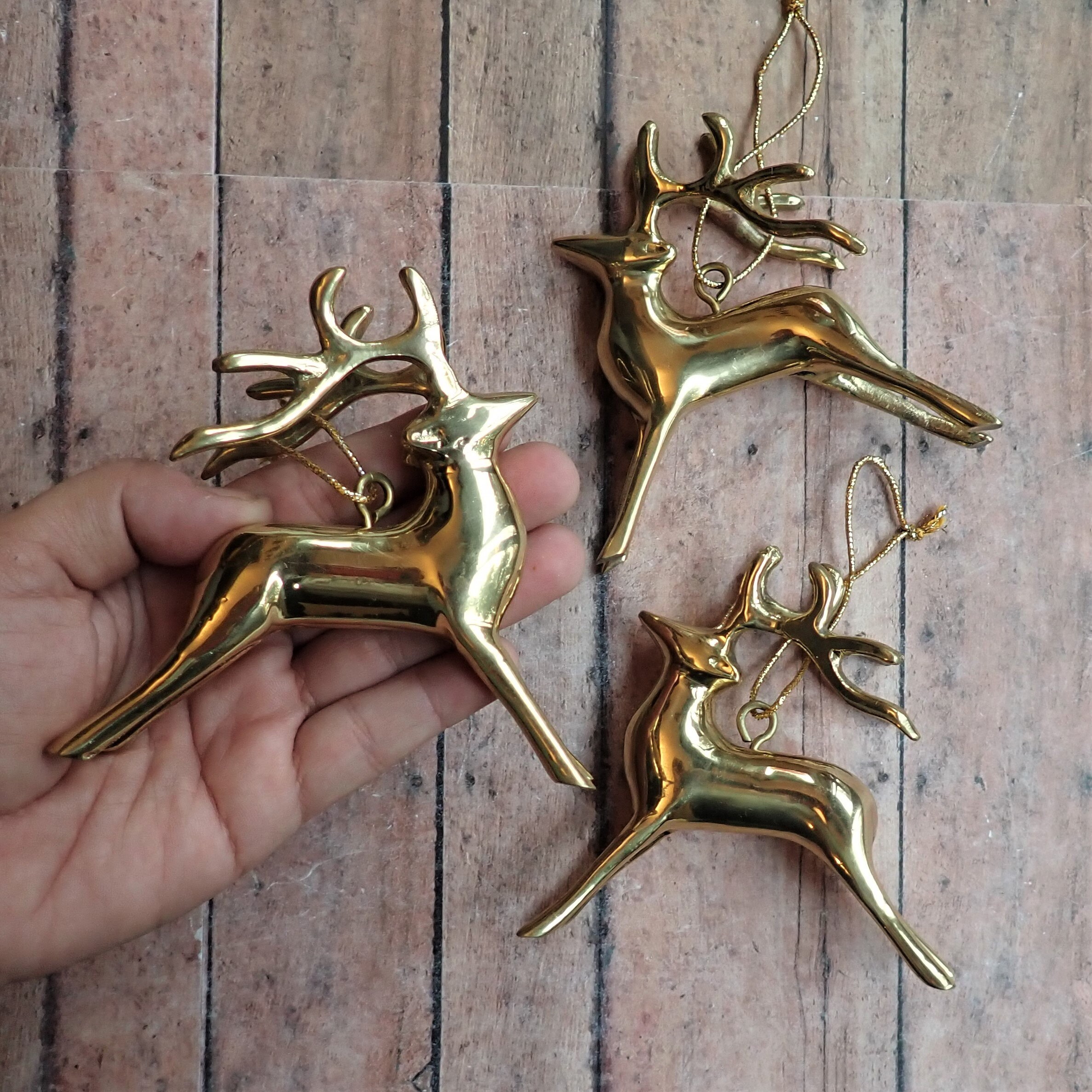 Vintage Brass Reindeer Deer Christmas Tree Ornament Set of 3 Standing