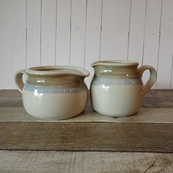 Vintage Noritake PAINTED DESERT Gravy Boat and Creamer Grey and Blue Stoneware 1980's