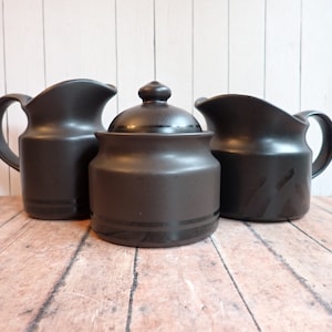 Vintage Pflatzgraff MIDNIGHT SUN Serving Set of 3 Pieces Sugar Bowl Creamer and Gravy Boat Black Modern Style