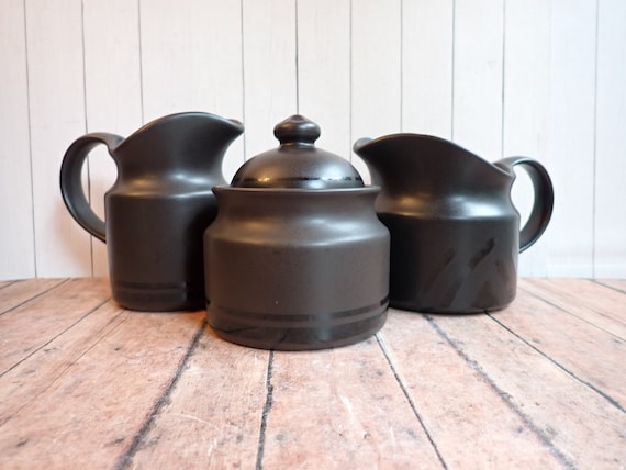 Vintage Pflatzgraff MIDNIGHT SUN Serving Set of 3 Pieces Sugar Bowl Creamer and Gravy Boat Black Modern Style