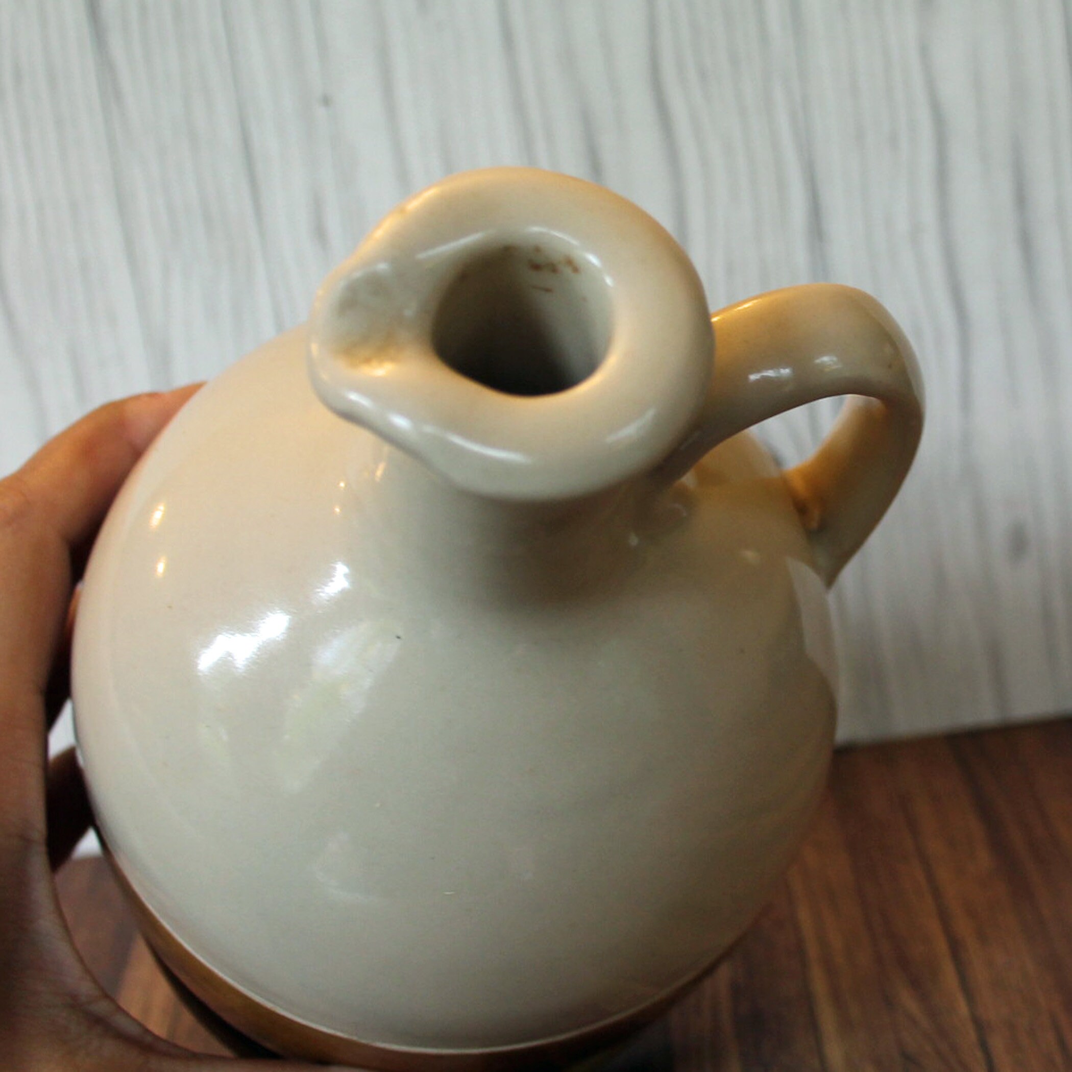 Vintage Jim Beam Stoneware Whiskey Jug Decanter Bottle Cream and Gold