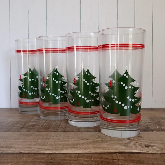 Vintage WAECHTERSBACH Christmas Tree 16 oz. Glassware Cooler Tumbler Glasses Set of 4 Clear Glass with Green Christmas Tree Tumbler