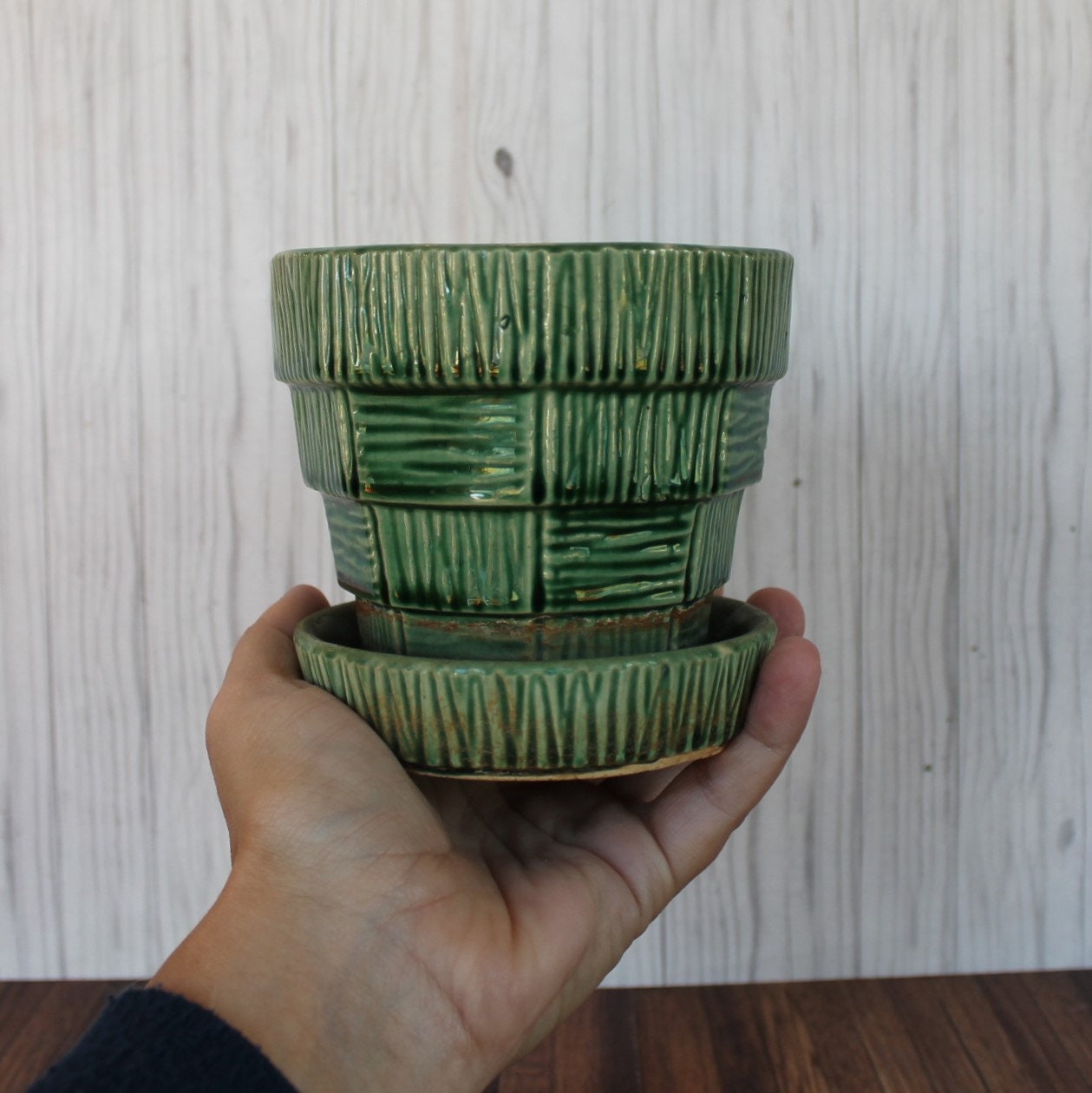 Vintage McCoy Planter Small Flower Pots Green Faux Wood Basketweave