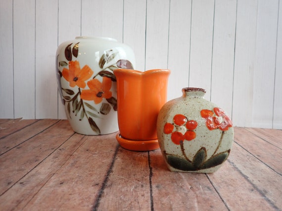 Vintage Stoneware Vase Set of 3 White with Orange and Brown Flower and Leaf Designs Otagiri Style Japan