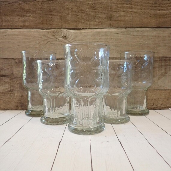 Vintage Libbey COUNTRY GARDEN Clear Set of 5 Tumbler Glasses Water Goblet Flower Daisy Design Floral Pattern 1970s