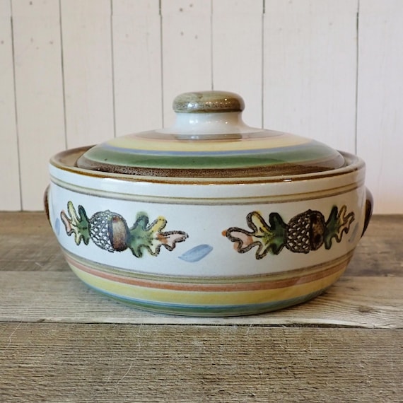 Vintage Louisville Stoneware Oak and Acorn Casserole Dish Bowl with Lid Gray Stoneware with Leaf Design