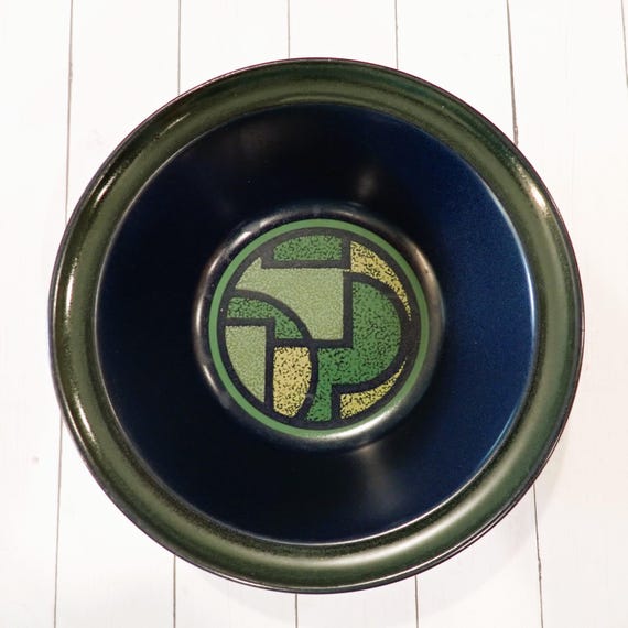 Vintage Noritake Primastone BAY ROC Cereal Bowl Set of 5 Blue Stoneware Bowls with Green Modern Geometric Design Circles and Squares