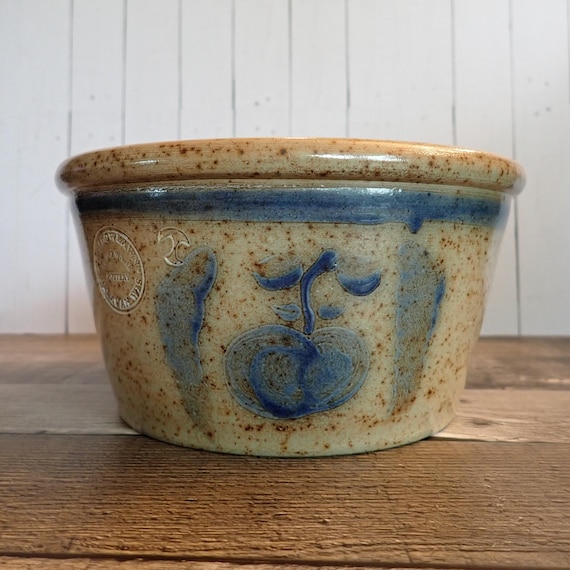 Vintage SHADOWLAWN Pottery Salt Glazed Bowl or Planter Gray with Blue Apple Design