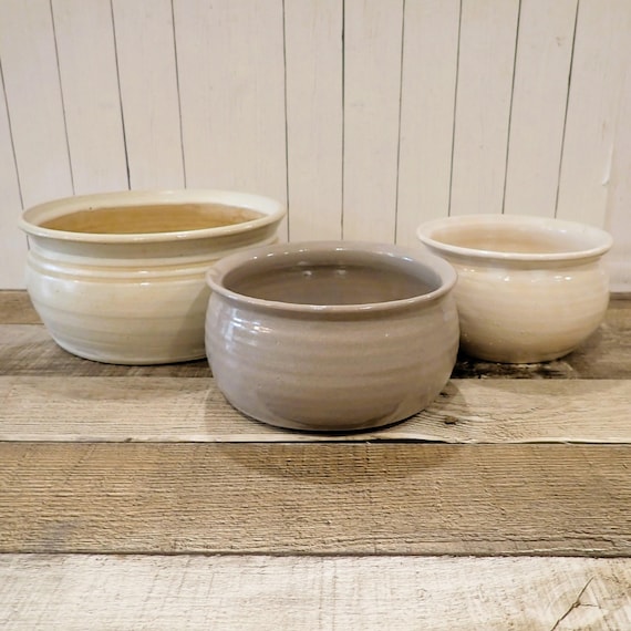 Vintage Stoneware Pottery Planter Set of 3 Handmade Pottery White and Gray Mix and Match Set Succulent Cactus Planters