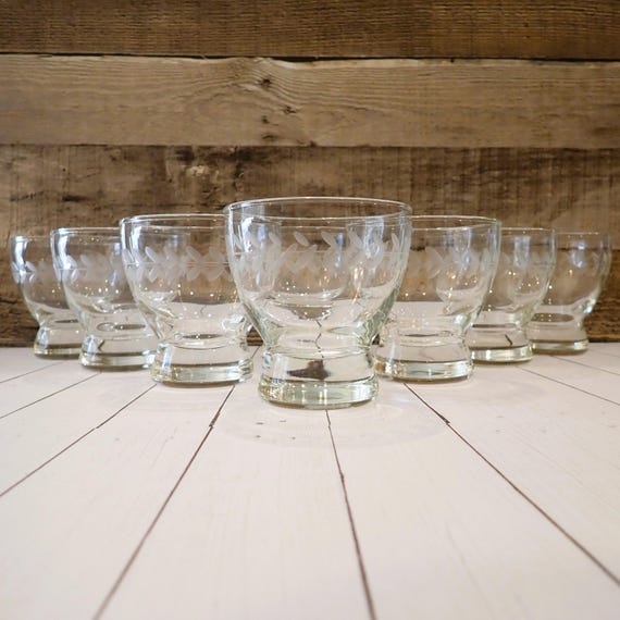 Vintage Anchor Hocking LAUREL GRAY Small Fruit Dessert Berry Bowls or Small Footed Tumbler Set of 8 Clear Glass with Etched Leaf Design