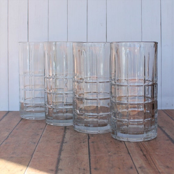 Vintage Anchor Hocking Tartan Clear 6" Ice Tea Tumbler Set of 4 Glass with Plaid Line Pattern