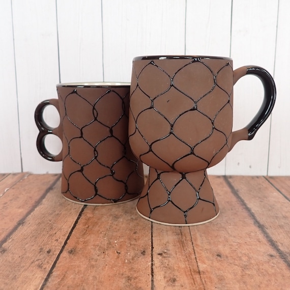 Vintage Stoneware Mug Set of 2 Brown with Black Geometric Design Mid Century Modern Otagiri Style