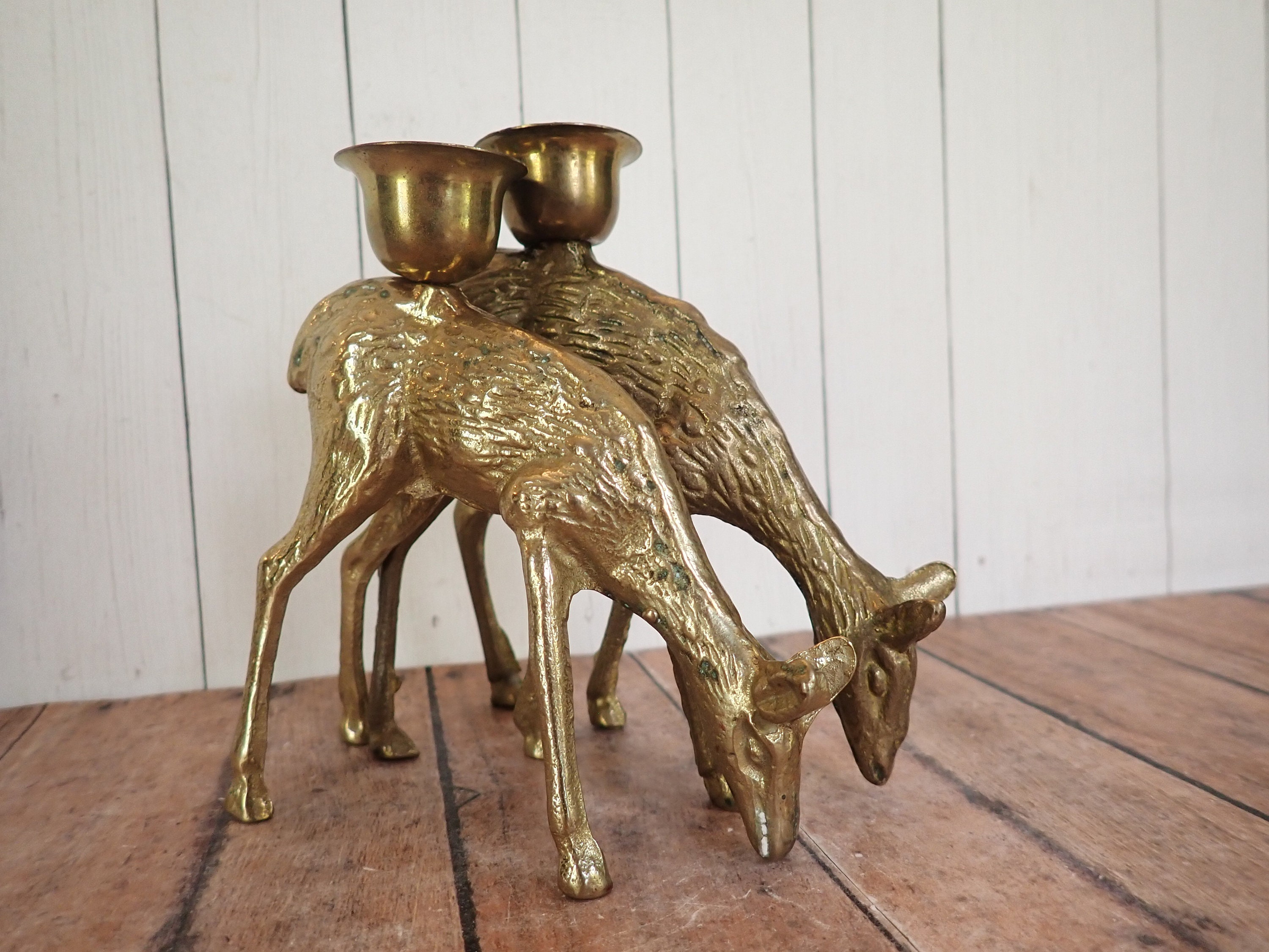 Vintage Brass Deer Candle Holder Set of 2 Figurine Statue