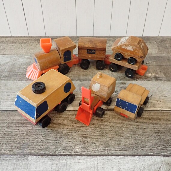 Vintage Mattel 1971 and 1972 Wooden Toy Train and Trucks Set of 7