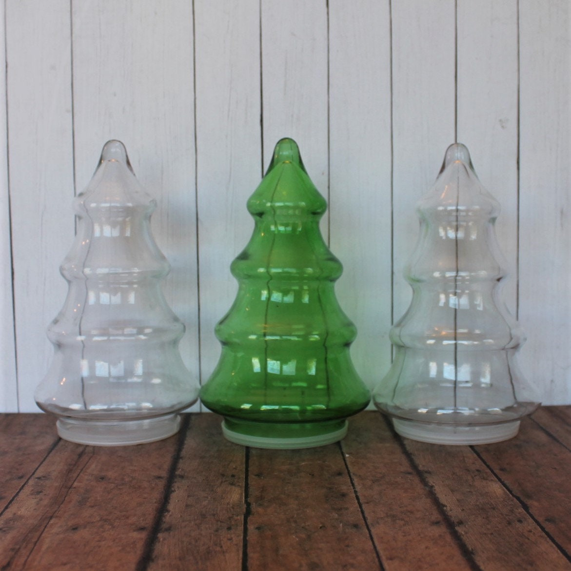 Vintage Clear and Green Glass Christmas Tree Canister Jar Container