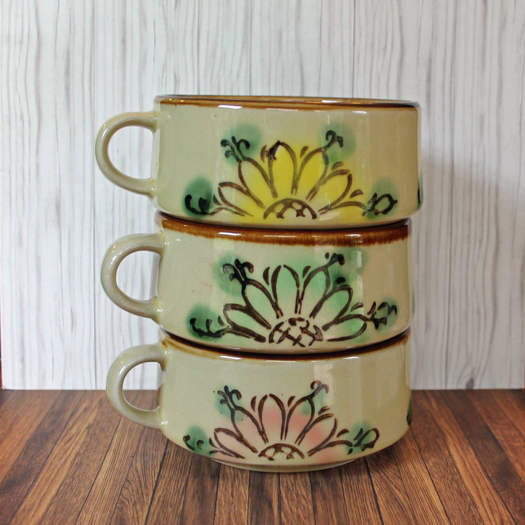 Vintage Stoneware Soup Bowl Mug Set of 3 Cream with Yellow Green and
