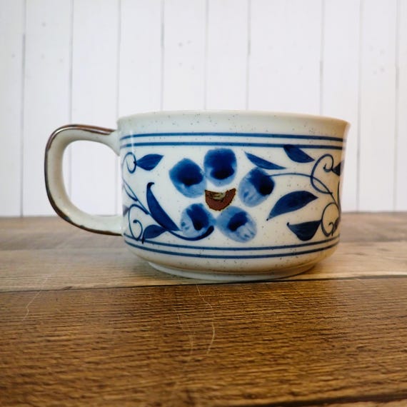 Vintage Otagiri HACIENDA Soup Bowl Mug White Stoneware with Blue Flower and Leaf Design