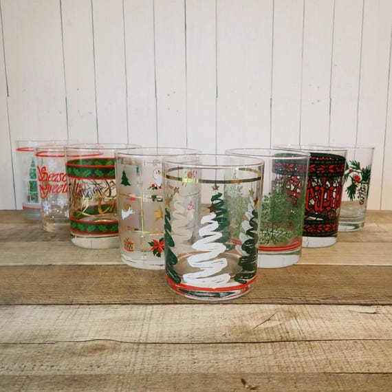 Vintage Mismatched Christmas Old Fashioned Glasses Set of 8 Mix and Match Holiday Drinkware Whiskey Rocks Glasses Party Barware