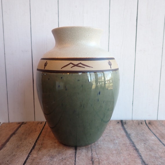 Vintage Stoneware Vase Green and White with Southwest Cactus and Mountain Design