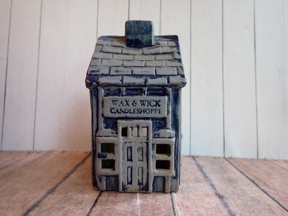 Vintage Rowe Pottery Works Stoneware Village Building Wax and Wick Candleshoppe Cambridge WI RPW