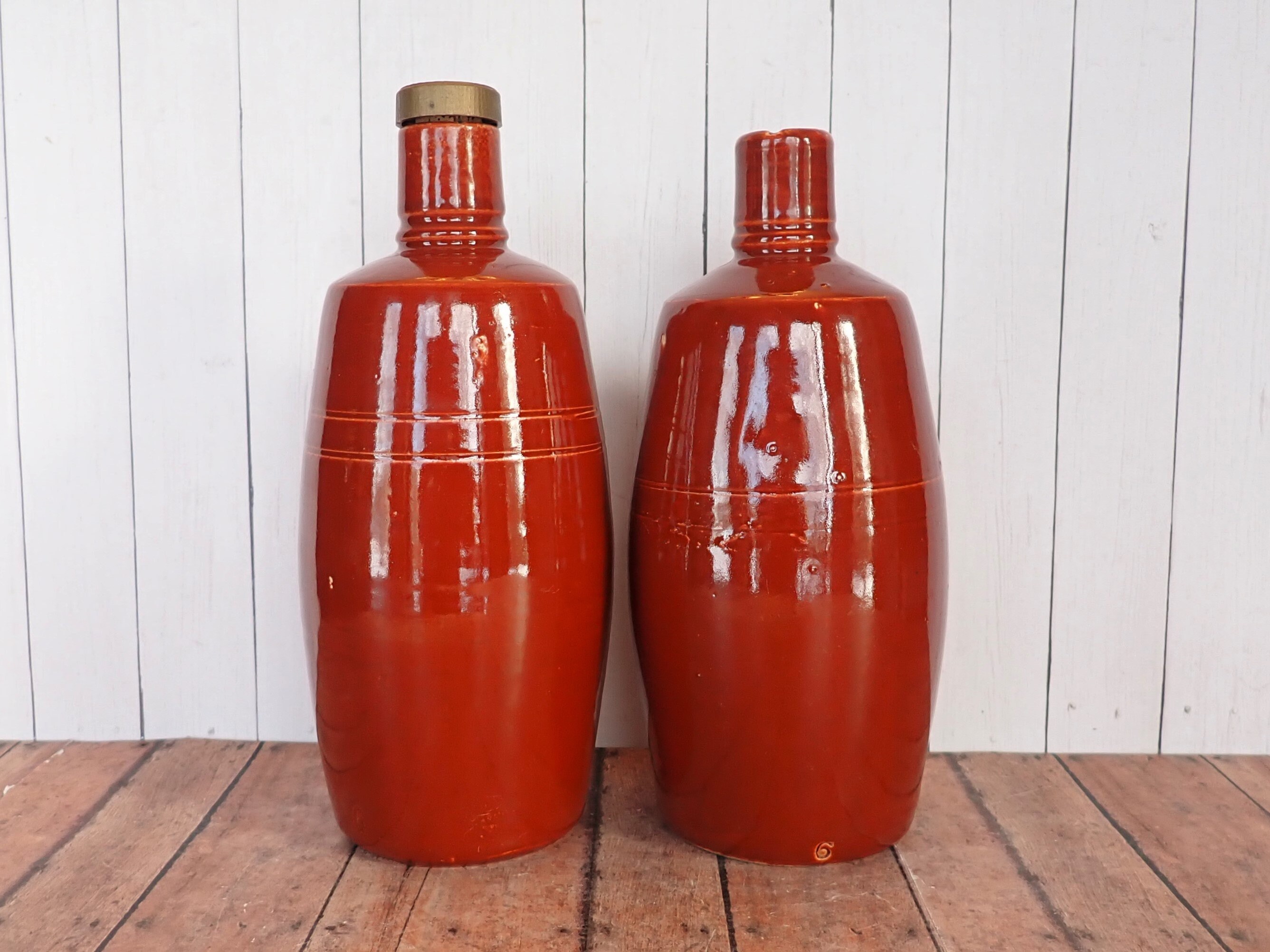Vintage Stoneware Wine Bottle Set of 2 Ceramic Bottles Vases Rusty Red
