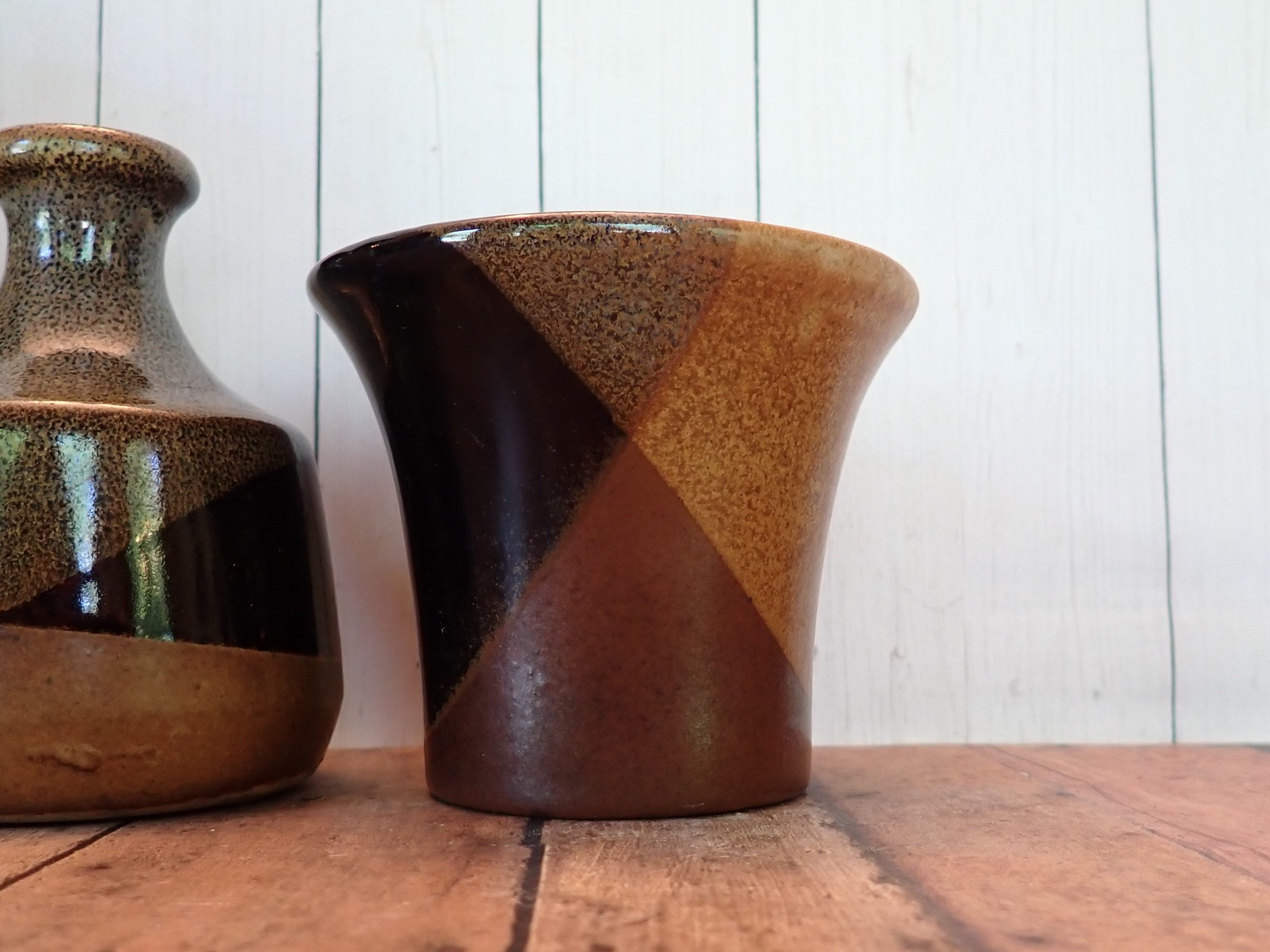 Vintage Pottery Craft USA Stoneware Vase Set of 3 Brown Gold Gray Black